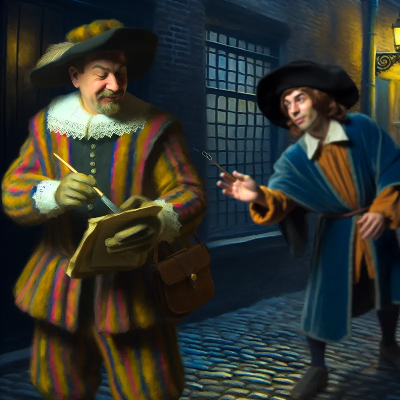 17e-eeuwse Nederlandse dief die een rijke koopman bedriegt met een vervalst document, onder valse voorwendselen
