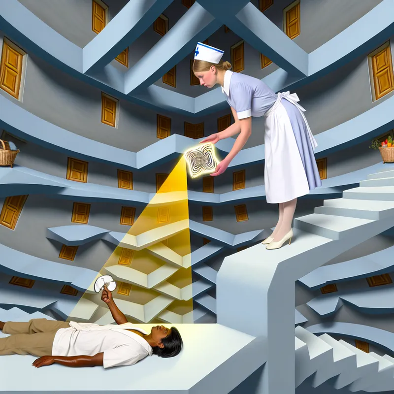 Surrealistische voorstelling van een verpleegkundige die een patiënt helpt op een oneindige trap in de stijl van M.C. Escher, symboliserend continue zorg en dienstverlening