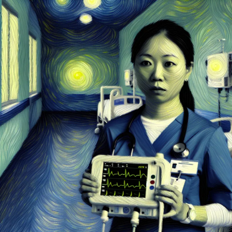 Nachtwacht in ziekenhuisgang in Van Gogh-stijl met verpleegkundige die alert toezicht houdt tijdens diensttijd