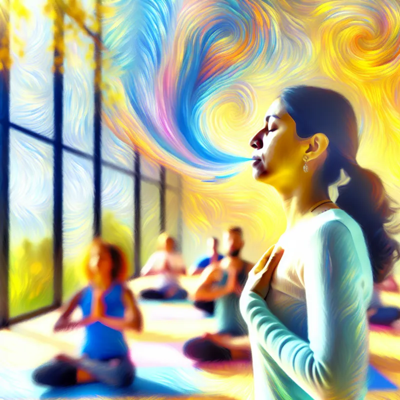 Een vrouw die diep ademhaalt tijdens een yogales in een zonnige kamer, omgeven door een diverse groep. Haar longen zijn subtiel omrand door kleuren die luchtstroom weergeven.