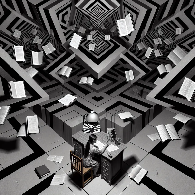 Surrealistische studie met persoon die zich volledig concentreert op werk aan een bureau, omringd door zwevende boeken, papieren en geometrische vormen in de stijl van M.C. Escher