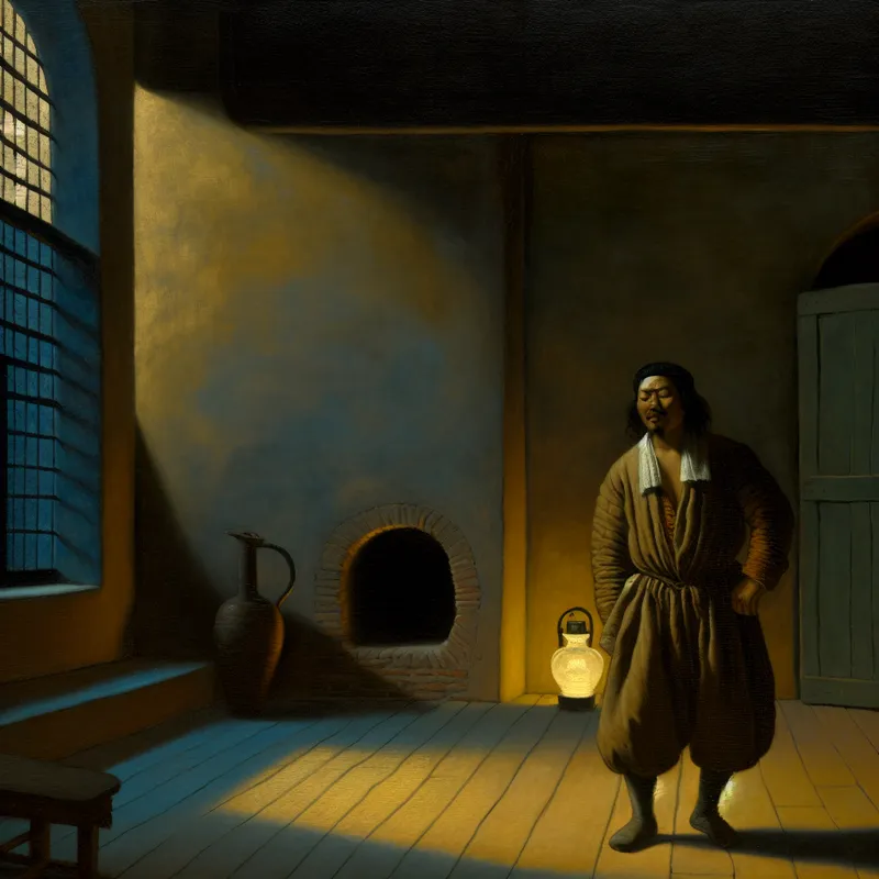 Man zingt met diepe, lage stem in een sfeervol verlicht interieur in Vermeer-stijl