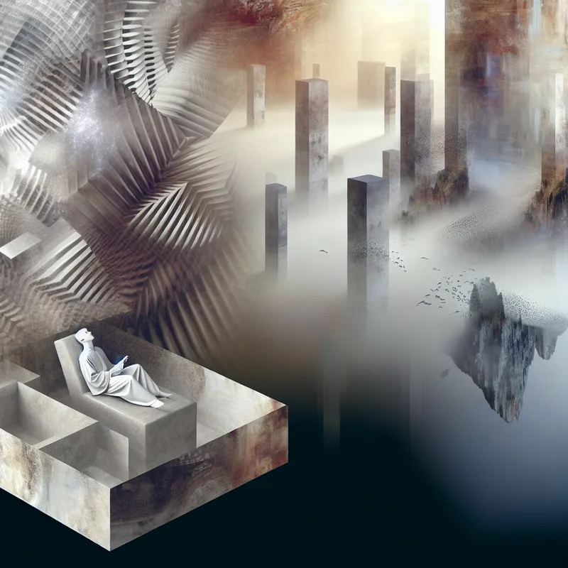 Hyperrealistisch surrealistisch tafereel van een persoon die zo diep slaapt dat het lichaam lijkt op te lossen in het bed, dat overgaat in een droomachtig landschap met monumentale architectuur en mistige horizon