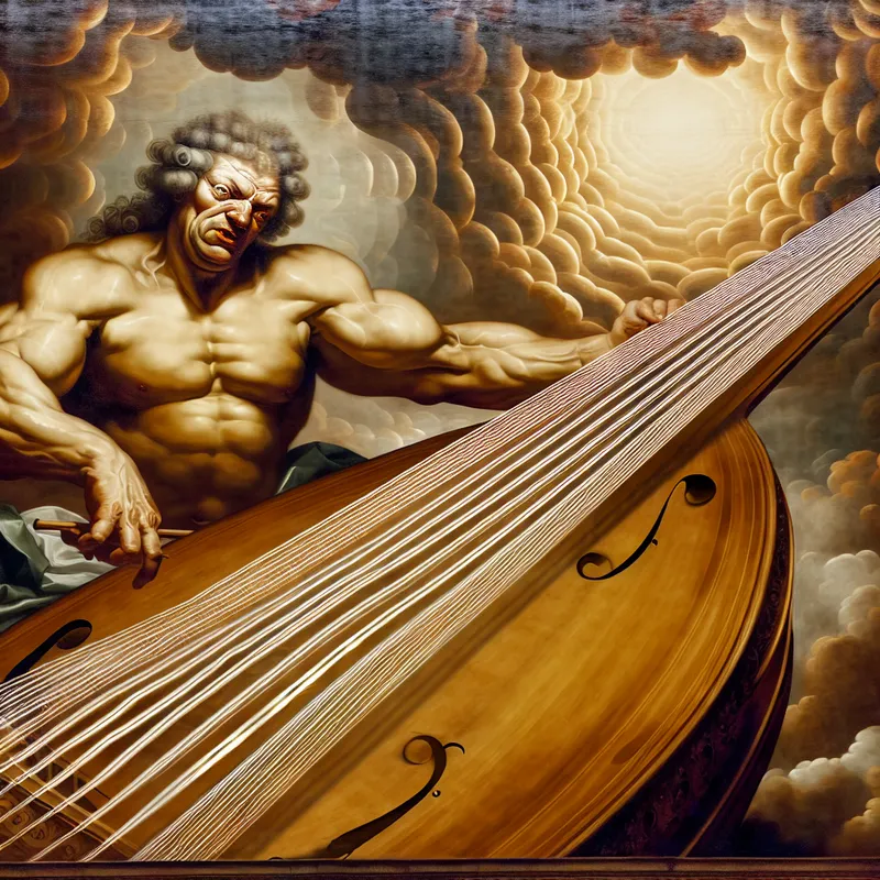 Barokke scène met goddelijke figuur die een enorme basgitaar bespeelt, omringd door golvende geluidsgolven en dramatisch licht