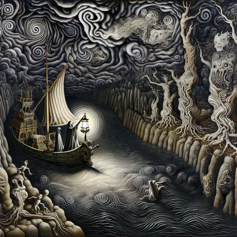 Surrealistisch tafereel van een diepe vaarweg in de stijl van Jheronimus Bosch, met een mysterieus schip geleid door een gids met lantaarn