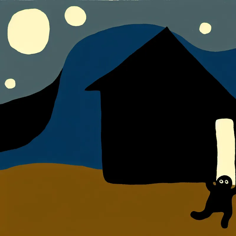 Minimalistische illustratie van een donkere nachtscène met een schaduwfiguur die via een raam een huis binnensluipt onder een gele maan en sterren, in de stijl van Dick Bruna