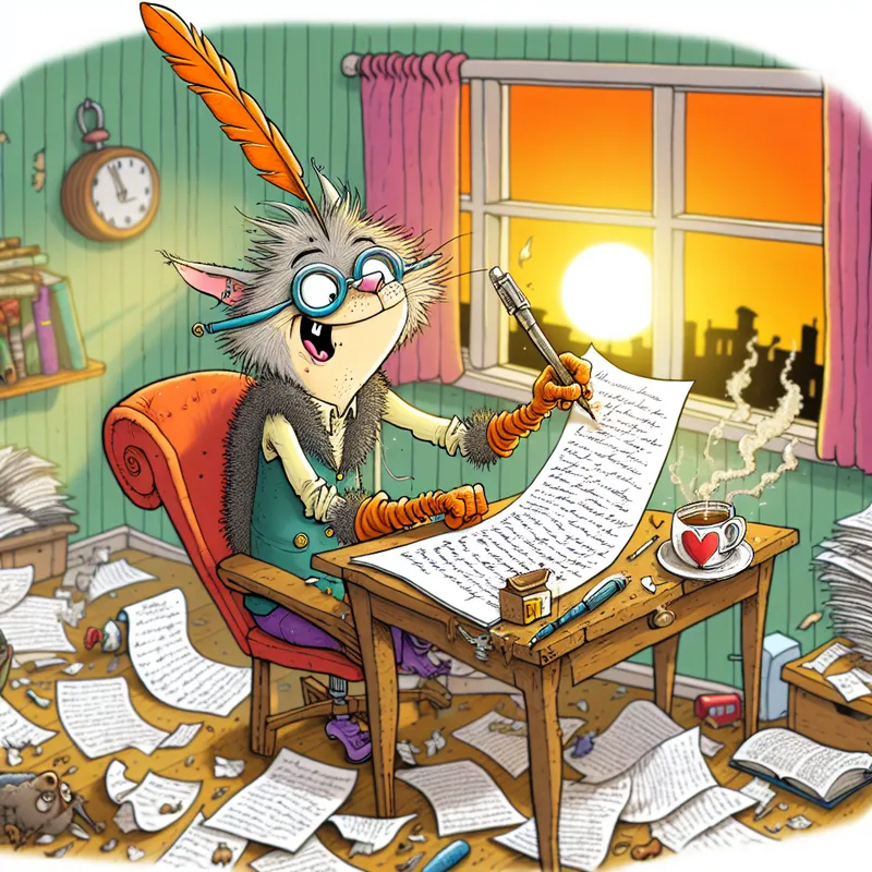Een cartoonachtig beeld van een antropomorfisch dier dat enthousiast aan een rapport werkt aan een rommelig bureau, met een veerquill en een kop koffie.
