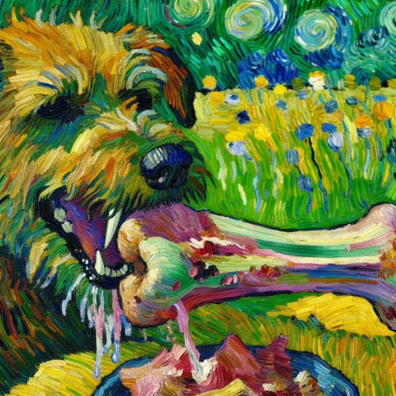 Vrolijke, ruige hond die geniet van een groot, sappig dierenbot met vleesresten in een zonnige tuin, geschilderd in Van Gogh-stijl