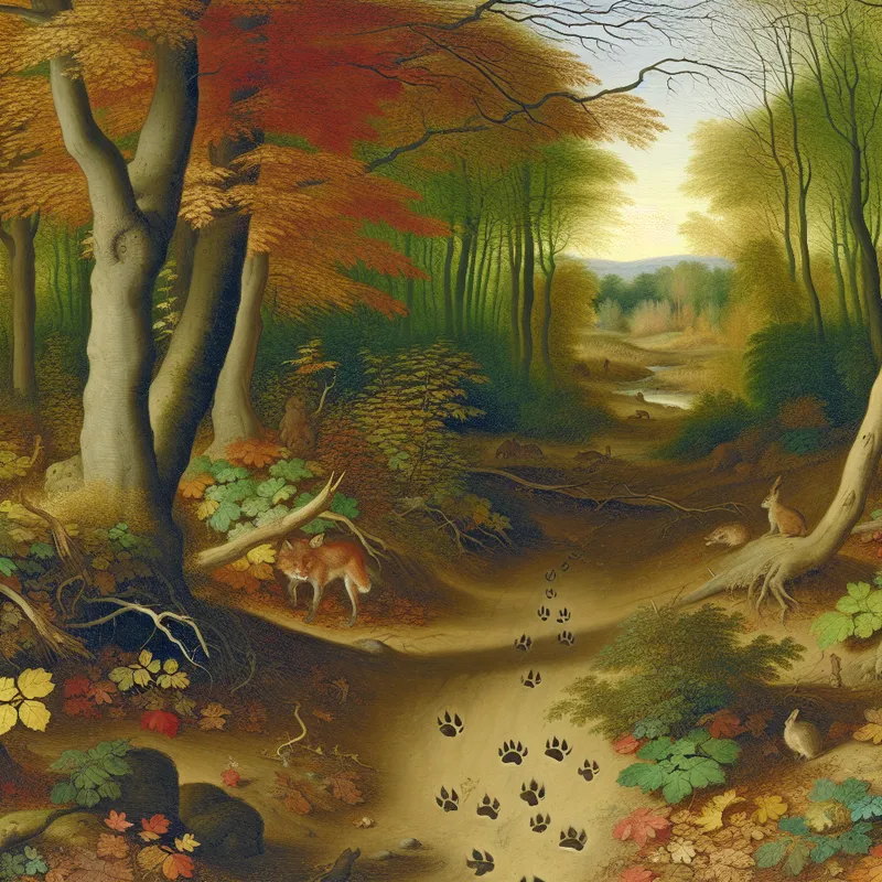 Een dierenpad met voetafdrukken van een vos en een konijn in een bos, omringd door kleurrijke herfstbladeren.