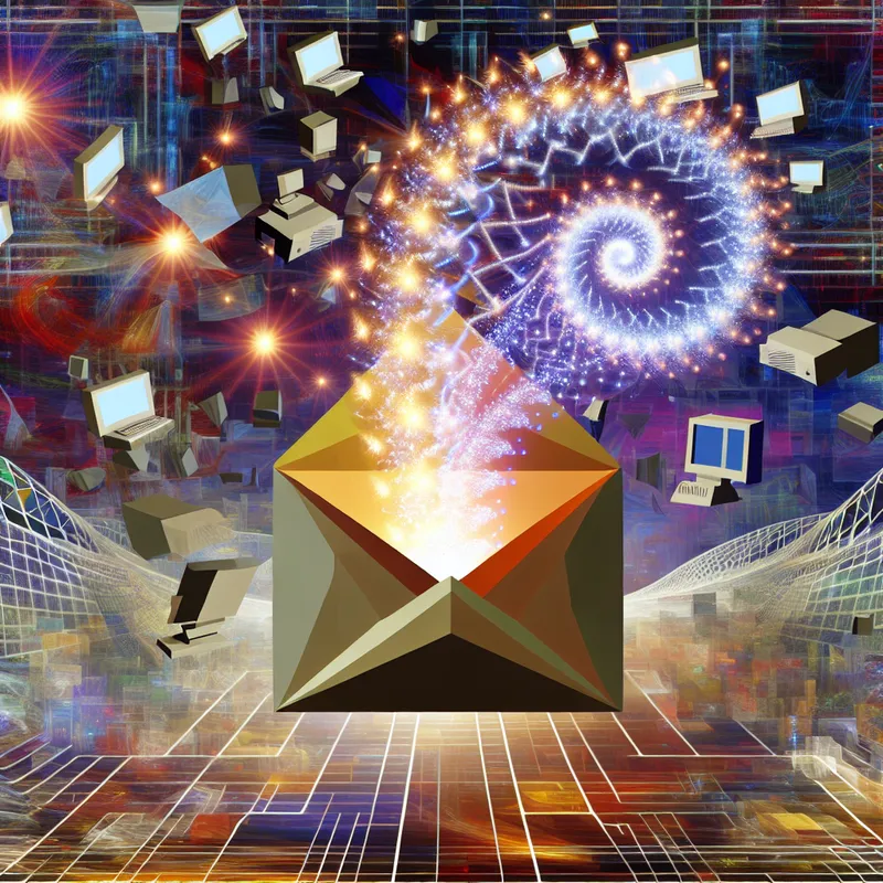 Surrealistische afbeelding van een digitaal emailen, met een geometrische envelop die heldere lichtpatronen en documenten vrijgeeft.