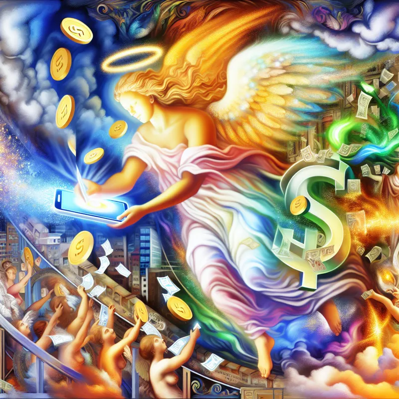 Goddelijke figuur met smartphone en gouden perkament 'huur' boven moderne stad, symboliserend digitale banktransacties en geldovermakingen