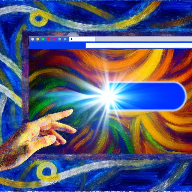 Vibrante digitale scène met een computerbeeldscherm en een blauwe hyperlink die een krachtige lichtstraal uitstraalt, hand reikt naar de link.