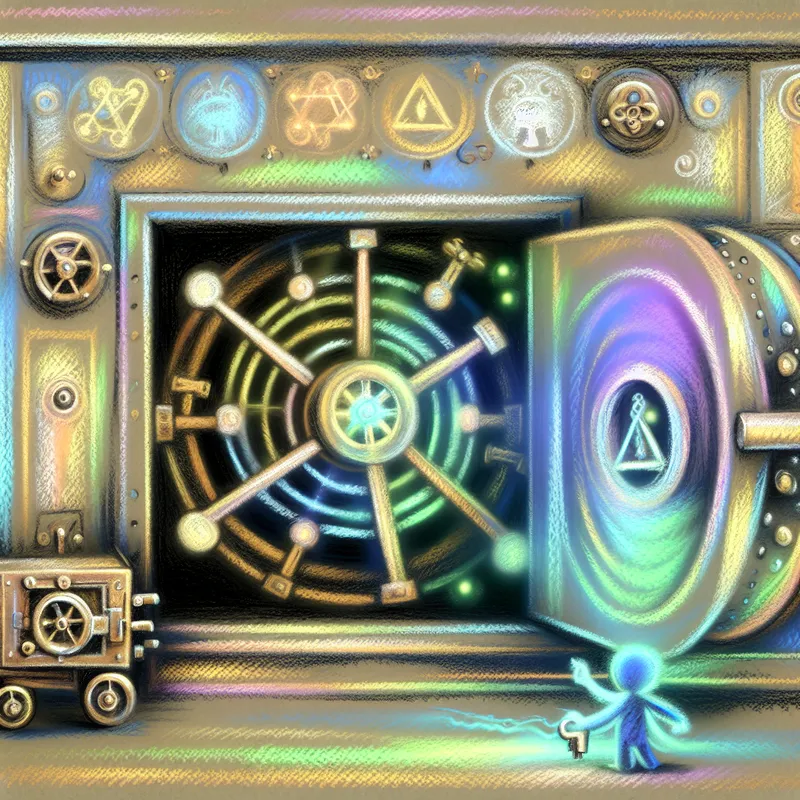 Sprookjesachtige kluisdeur met cybersecurity-elementen en een vriendelijke robot die digitale privacy beschermt tegen hackers