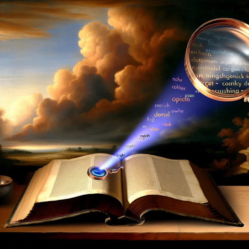 17e-eeuws Hollands landschap met open boek en digitale spellingscontrole via vergrootglas