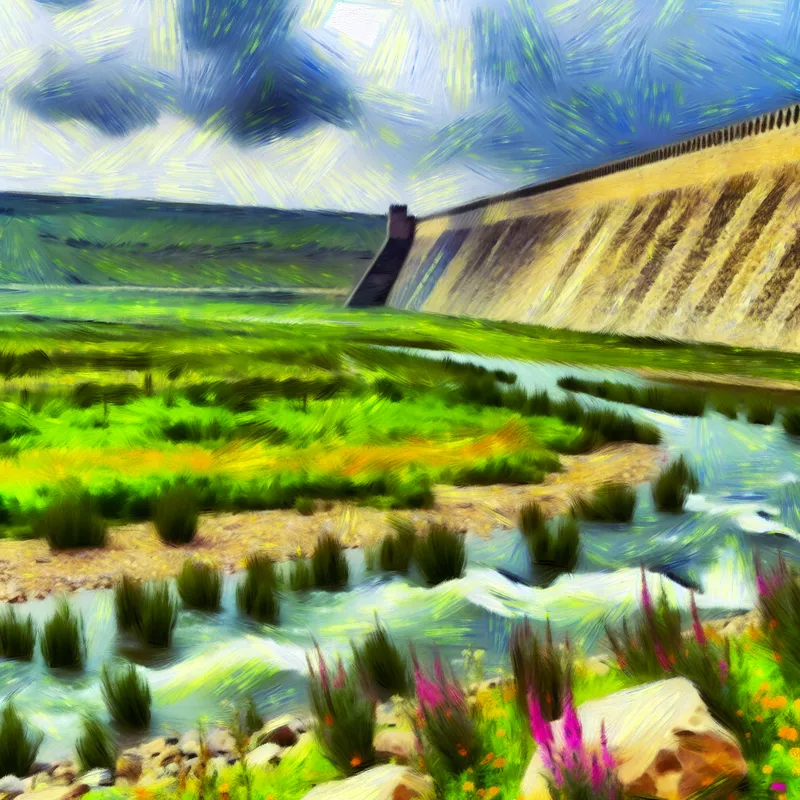 Een indrukwekkende dijk beschermt een groene countryside tegen opkomende overstromingen met wildbloemen op de top.