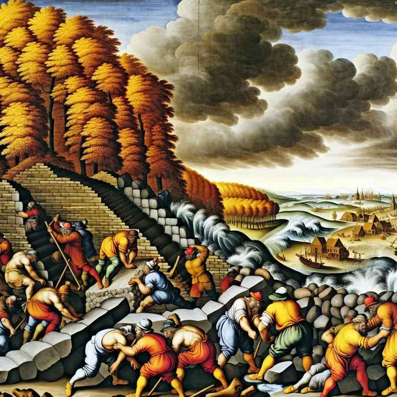 Een dramatische Barok afbeelding van arbeiders en ingenieurs die actief een oude dijk renoveren, met op de achtergrond stormachtige lucht en een vredig dorp.