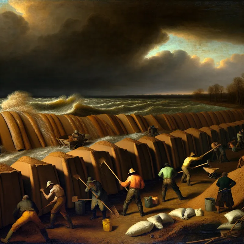 Arbeiders bouwen stevige dijken langs een woelige rivier tijdens een storm.