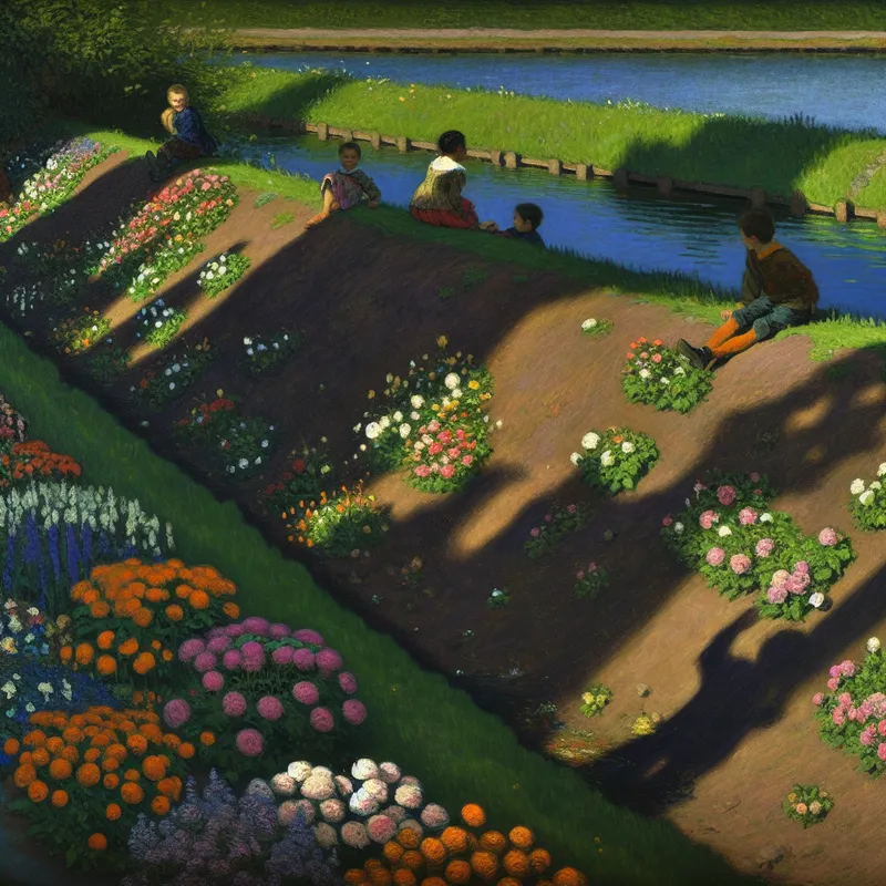 Een serene tuin met een dijkje bedekt met kleurrijke bloemen en kinderen die vrolijk spelen naast een kalm water.