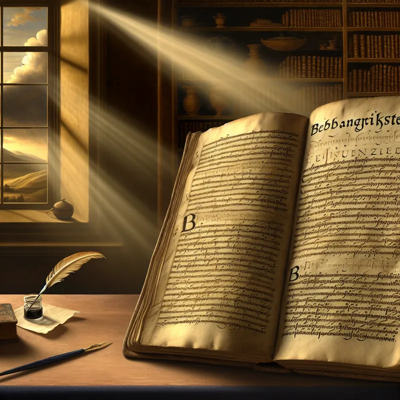 17e-eeuws Nederlands boek met het dikgedrukte woord 'belangrijkste' in een zonnige bibliotheek, geïnspireerd op Jacob van Ruisdael