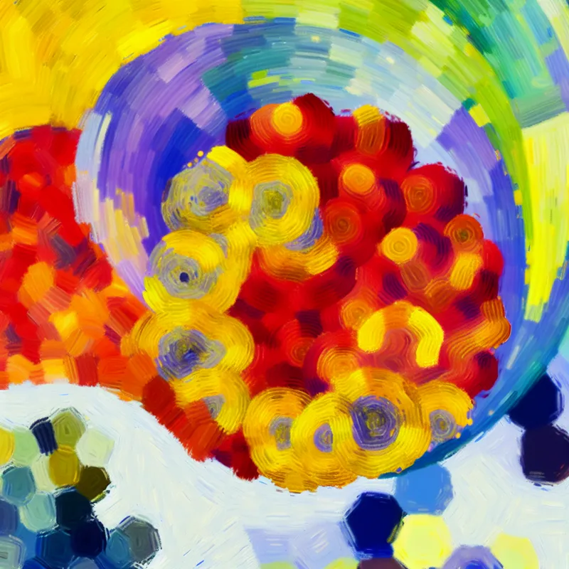 Abstract schilderij van een dikke laag vet onder de huid, weergegeven in felle kleuren en expressieve penseelstreken in de stijl van Karel Appel