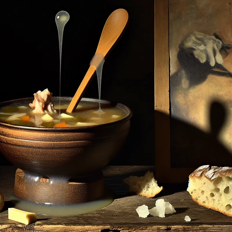 Symbolische stilleven met dikke soep en brood om het verschil tussen vast en vloeibaar voedsel te illustreren, in de stijl van Félicien Rops