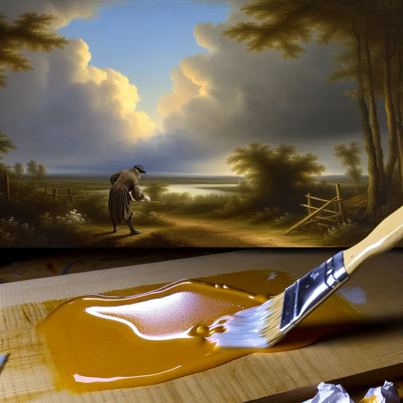 17e-eeuwse Nederlandse schilder aan het werk, brengt dikke verflaag aan op houten paneel met brede kwast, natte olieverf met zichtbare penseelstreken en druppels