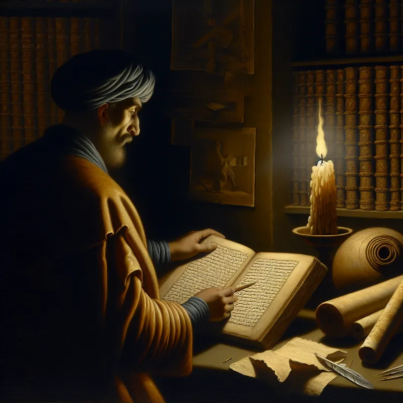 Een dim verlichte studeerkamer met een open boek op een bureau, omringd door oude perkamenten en veren, met een karakter dat een nadenkende uitdrukking heeft while het een manuscript met correcties en aantekeningen bekijkt.