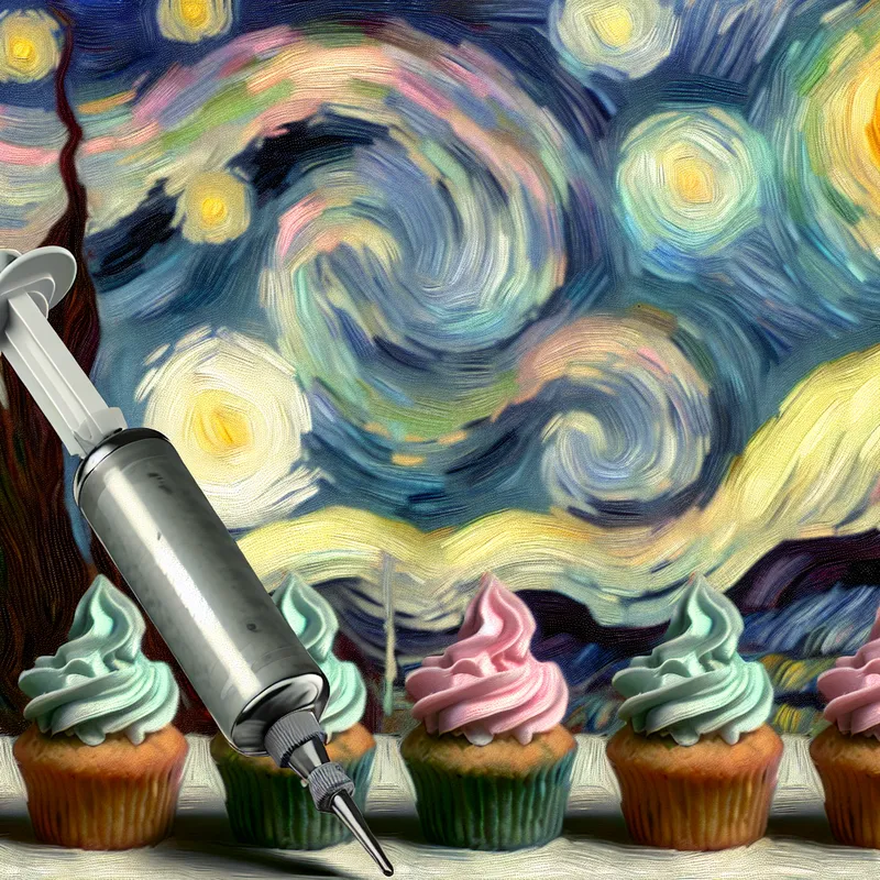 Een kleurrijke stilllevenscene met een klein spuitje voor prachtig versierde cupcakes met pastel-toppings.