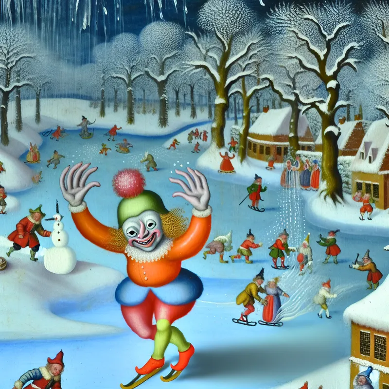 Een klein humanoïde figuur met kleine armen, in kleurrijke winterkleding, speelt in de sneeuw in een winterlandschap.