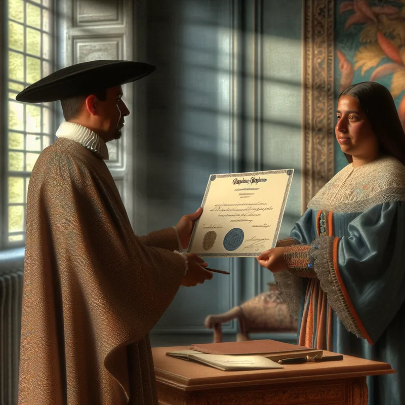 Een goed geklede man ontvangt een diploma van een elegante en autoritaire figuur in een serene kamer.