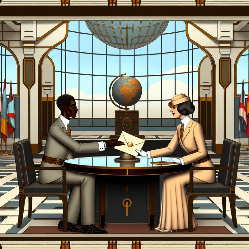 Twee diplomaten wisselen een verzegelde brief uit in een stijlvolle, retro-futuristische vergaderzaal met een sfeer van wederzijds respect en hoffelijkheid