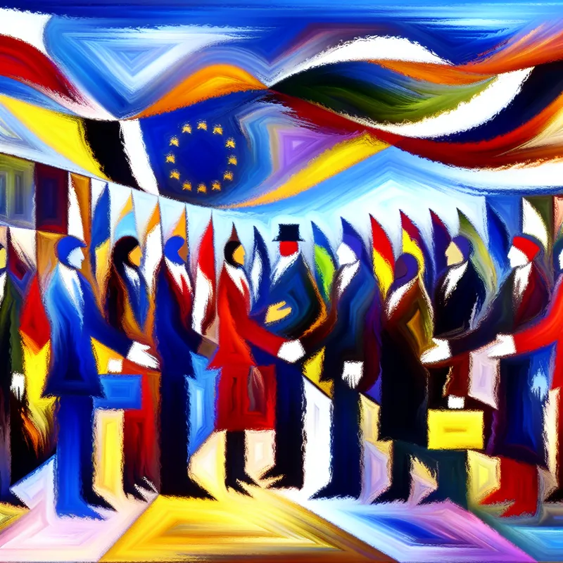 Abstracte voorstelling van een diplomatieke missie met kleurrijke figuren die internationale samenwerking symboliseren, in de stijl van Karel Appel