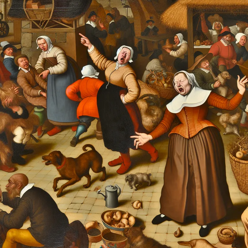 Vrouw antwoordt direct zonder aarzelen in een levendig markttafereel in de stijl van Jan Steen, illustrerend 'zonder omwegen, rechtstreeks'