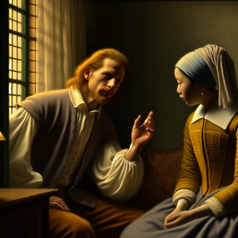 Intiem tafereel in Vermeer-stijl van een man die direct en oprecht spreekt tegen een aandachtig luisterende vrouw in een zacht verlichte kamer