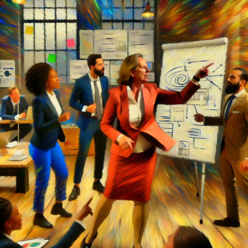 Directeur in levendige kantooromgeving die zonder tussenkomst van anderen een team toespreekt en een plan op een whiteboard aanwijst