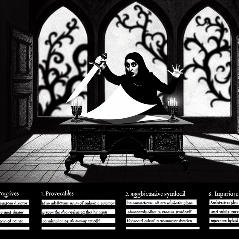 Een directeur snijdt dramatisch een document met een zwaard aan een groot en stijlvol bureau, omgeven door donkere wijnstokken die groei symboliseren.