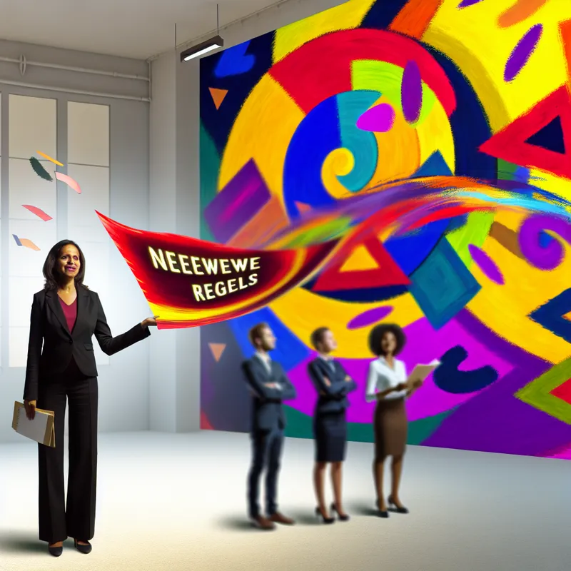 Een directeur staat zelfverzekerd voor een kleurrijk prikbord vol met brieven en papier, terwijl hij een grote letter met 'Nieuwe Regels' in zijn hand houdt.