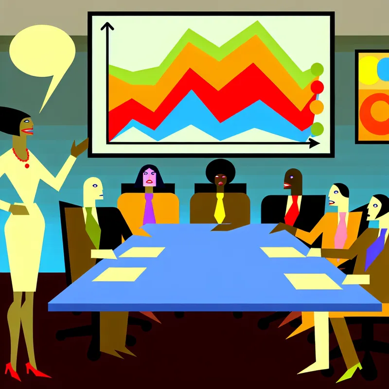 Minimalistische illustratie van een directeur die financiële problemen verhult met vage taal in een bedrijfsvergadering, in de stijl van Dick Bruna