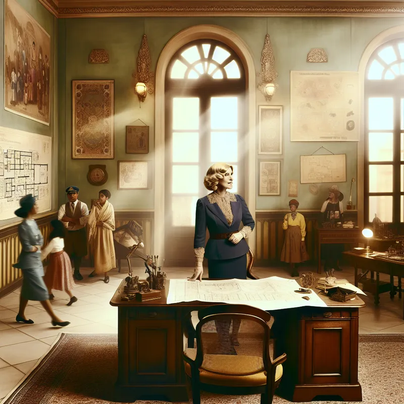 Tekenachtige afbeelding van een directeur in een vintage kantoor. De vrouwelijke directeur staat zelfverzekerd achter een bureau met blauwdrukken, terwijl medewerkers aan het werk zijn.