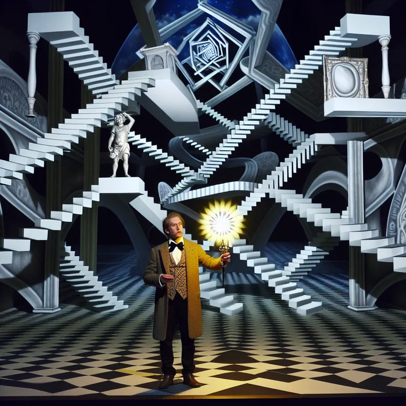 Surrealistische scène in de stijl van M.C. Escher met een directeur die alleen staat in een onmogelijke architectonische ruimte, een gloeiende rol vasthoudt met de tekst 'goed nieuws' en zichzelf in spiegelende reflecties toont, symbool voor 'in eigen persoon' of 'zelf'