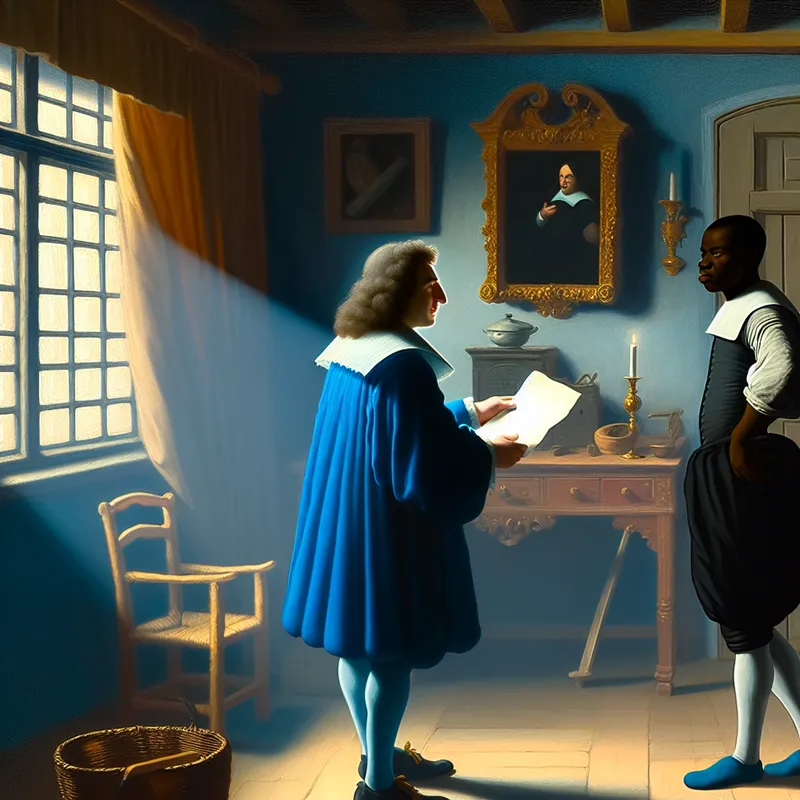 Twee personen in een Vermeer-achtige setting, waarbij de ene persoon met een lichtere huidskleur de ander met een donkere huidskleur negeert, wat discriminatie uitbeeldt