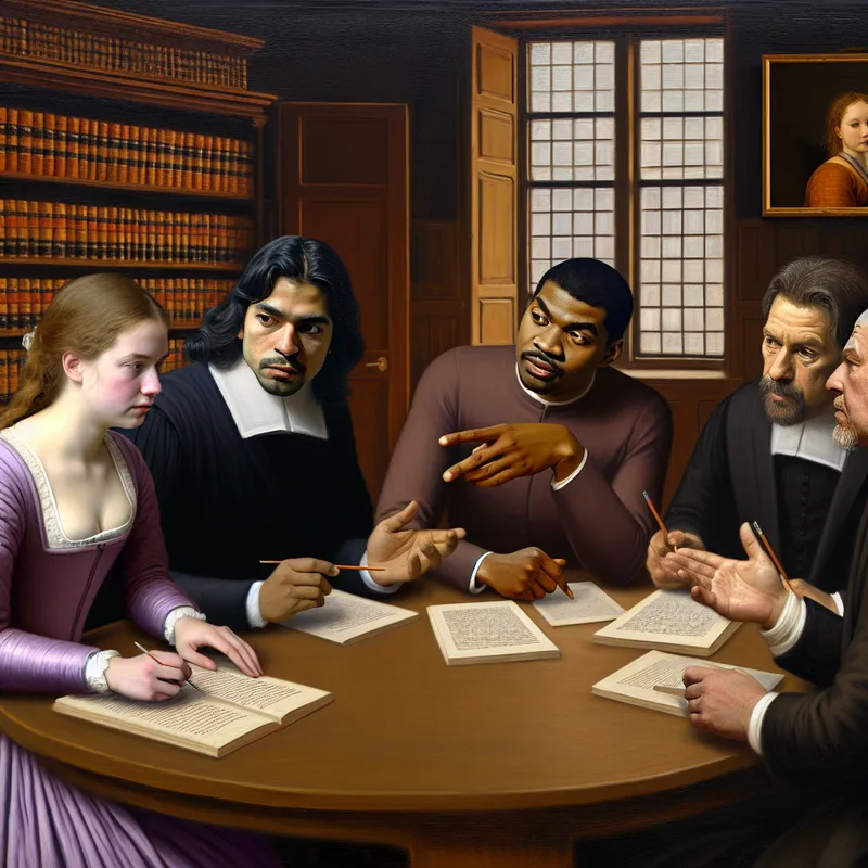Een diverse groep mensen die serieus overleg voert rond een grote tafel vol juridische documenten, met iemand die naar een specifieke clausule wijst.