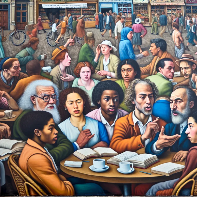 Een diverse groep mensen discussiëren animated in een levendig buiten café, met boeken en notities zichtbaar, weerspiegelen groei in overtuigingen.
