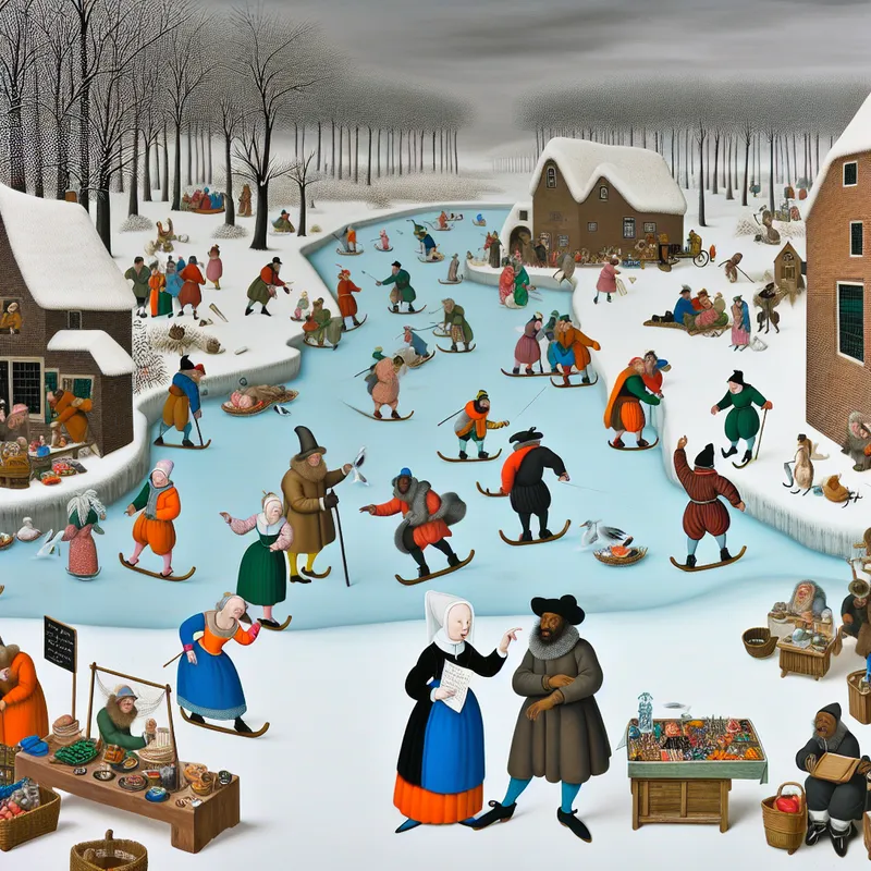 Twee mensen discussiëren fel over een document op een bevroren kanaal in een levendige winterse scène, met schaatsers en verkopers op de achtergrond