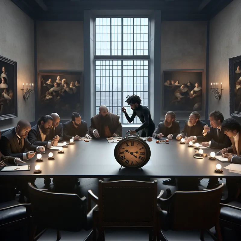 Groep diverse individuen in een klassieke vergaderzaal, bespreken de toekomst terwijl ze op hun horloges kijken.