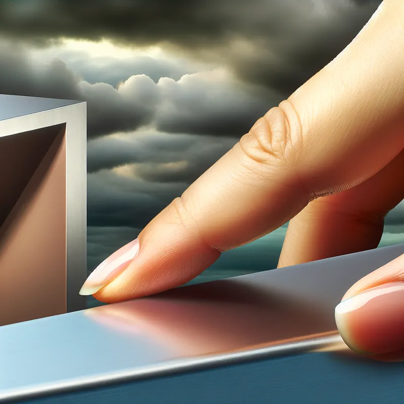 Close-up van een hand met de distale punt van een vinger die een strak architectonisch gebouw aanraakt in een surrealistische omgeving.