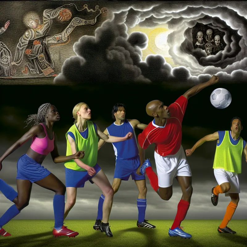 Diverse atleten spelen voetbal op een groen veld onder een dramatische donkere lucht