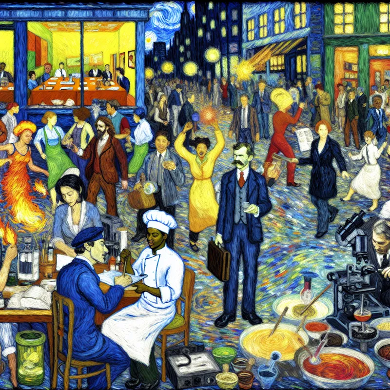 Een kleurrijke uitbeelding van een diverse groep mensen in verschillende beroepen in een drukke stadsomgeving