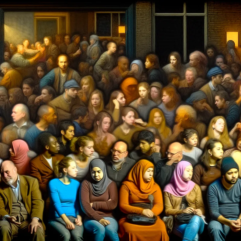 Een diverse menigte met mensen van verschillende achtergronden in een stedelijke omgeving, gefocust op interacties en expressies.