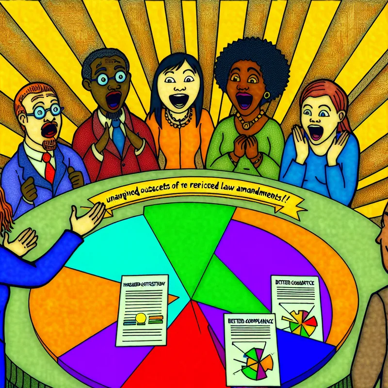 Groep diverse cartoonfiguren die een grote, kleurrijke cirkeldiagram en feedbackformulieren bespreken, met oog op positieve gevolgen van een recente wetwijziging.